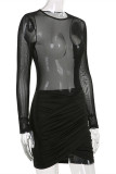 Apricot Fashion Sexy Patchwork See-through O Neck Long Sleeve Dresses