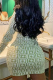 Multicolor Fashion Sexy Print Hollowed Out U Neck Long Sleeve Dresses
