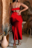 Red Sexy Solid Split Joint Flounce Spaghetti Strap Sling Dress Dresses