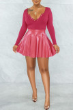 Pink Sexy Solid Split Joint Fold V Neck Long Sleeve Two Pieces