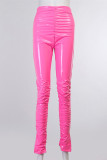 Pink Fashion Casual Solid Slit Fold Skinny High Waist Trousers