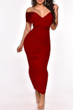 Red Sexy Solid Patchwork Frenulum Fold Asymmetrical One Step Skirt Dresses