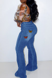 Blue Fashion Casual Butterfly Print Plus Size Jeans