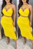 Yellow Fashion Sexy Solid Hollowed Out Backless Halter Sleeveless Two Pieces