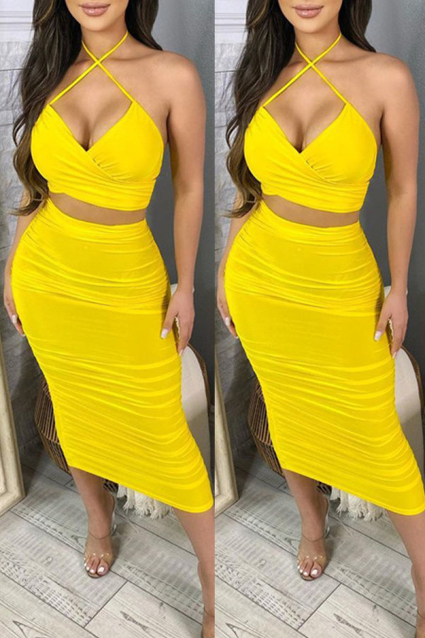 Yellow Fashion Sexy Solid Hollowed Out Backless Halter Sleeveless Two Pieces