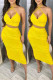 Yellow Fashion Sexy Solid Hollowed Out Backless Halter Sleeveless Two Pieces