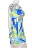 Multicolor Fashion Sexy Print Hollowed Out Backless One Shoulder Sleeveless Dress