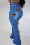 Light Blue Fashion Casual Butterfly Print Plus Size Jeans