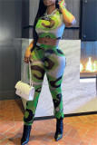 Green Fashion Sexy Print See-through O Neck Short Sleeve Two Pieces