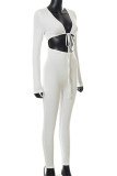 White Sexy Casual Solid Bandage Hollowed Out V Neck Skinny Jumpsuits