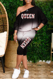Blue Fashion Casual Gradual Change Letter Printing Oblique Collar Long Sleeve Two Pieces