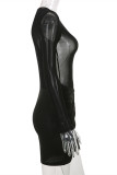 Apricot Fashion Sexy Patchwork See-through O Neck Long Sleeve Dresses