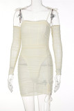 Apricot Fashion Sexy Solid Draw String Backless Fold Off the Shoulder Long Sleeve Dresses