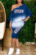 Blue Fashion Casual Gradual Change Letter Printing Oblique Collar Long Sleeve Two Pieces