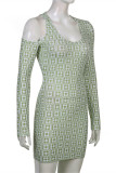 Multicolor Fashion Sexy Print Hollowed Out U Neck Long Sleeve Dresses