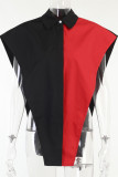 Black Red Fashion Casual Patchwork Solid Asymmetrical Turndown Collar Tops