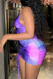 Purple Fashion Sexy Print Draw String Frenulum V Neck Sling Dress