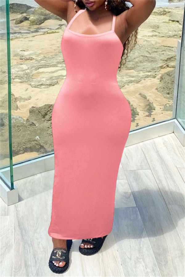 Pink Fashion Sexy Solid Backless Spaghetti Strap Long Dress