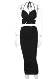 Yellow Fashion Sexy Solid Hollowed Out Backless Halter Sleeveless Two Pieces