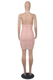 Pink Fashion Sexy Solid Backless Fold Halter Sleeveless Dress