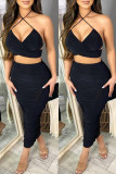 Yellow Fashion Sexy Solid Hollowed Out Backless Halter Sleeveless Two Pieces