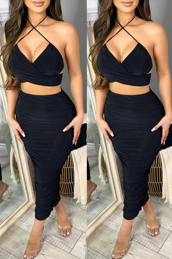 Black Fashion Sexy Solid Hollowed Out Backless Halter Sleeveless Two Pieces