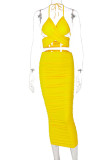 Yellow Fashion Sexy Solid Hollowed Out Backless Halter Sleeveless Two Pieces