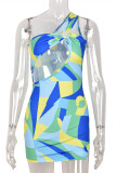 Multicolor Fashion Sexy Print Hollowed Out Backless One Shoulder Sleeveless Dress