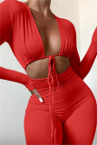 Apricot Sexy Casual Solid Bandage Hollowed Out V Neck Skinny Jumpsuits