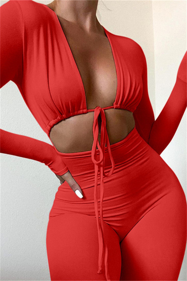Red Sexy Casual Solid Bandage Hollowed Out V Neck Skinny Jumpsuits