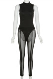 Black Fashion Sexy Solid Patchwork See-through Turtleneck Sleeveless Two Pieces