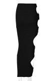 Black Sexy Casual Solid Hollowed Out Regular High Waist Skirt