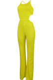 Yellow Sexy Solid Patchwork Frenulum Backless O Neck Loose Jumpsuits