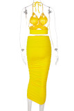 Yellow Fashion Sexy Solid Hollowed Out Backless Halter Sleeveless Two Pieces