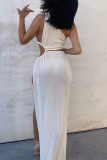 White Fashion Sexy Solid Hollowed Out Slit One Shoulder Long Dress Dresses