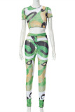 Green Fashion Sexy Print See-through O Neck Short Sleeve Two Pieces
