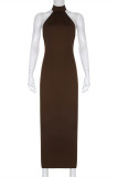 Brown Fashion Sexy Solid Backless Turtleneck Sleeveless Dress Dresses