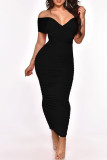 Black Sexy Solid Patchwork Frenulum Fold Asymmetrical One Step Skirt Dresses