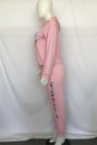 Pink Fashion Casual Print Basic Hooded Collar Long Sleeve Two Pieces