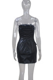 Black Sexy Solid Split Joint Buckle Asymmetrical Strapless Dresses