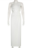 White Fashion Sexy Solid Hollowed Out Slit One Shoulder Long Dress Dresses
