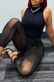 Black Fashion Sexy Solid Patchwork See-through Turtleneck Sleeveless Two Pieces