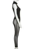 Black Fashion Sexy Solid Patchwork See-through Turtleneck Sleeveless Two Pieces