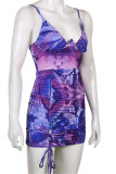 Purple Fashion Sexy Print Draw String Frenulum V Neck Sling Dress
