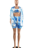 Blue Casual Print Tie Dye Hollowed Out Split Joint U Neck Sleeveless Three Pieces
