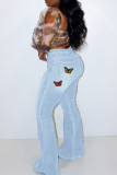 Light Blue Fashion Casual Butterfly Print Plus Size Jeans