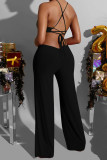 Black Sexy Solid Patchwork Frenulum Backless O Neck Loose Jumpsuits