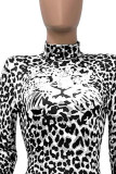 White Sexy Print Leopard Split Joint Half A Turtleneck Regular Jumpsuits