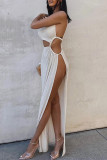 White Fashion Sexy Solid Hollowed Out Slit One Shoulder Long Dress Dresses