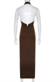 Brown Fashion Sexy Solid Backless Turtleneck Sleeveless Dress Dresses